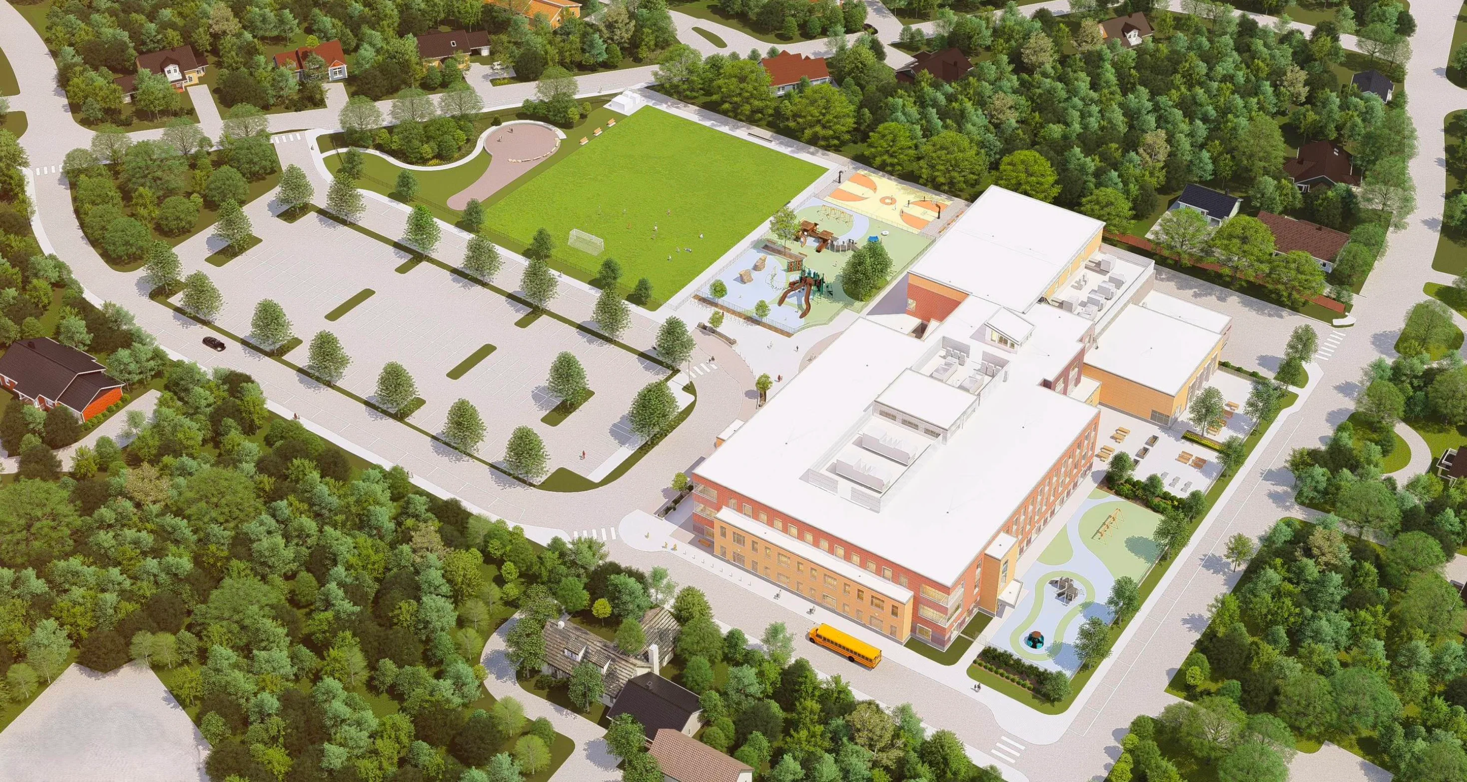 Bird's-eye rendering of the completed new Killam Elementary School: the brick building along Haverhill Street with playgrounds, basketball court, open field, amphitheater and tree-lined parking, surrounded by the neighborhood