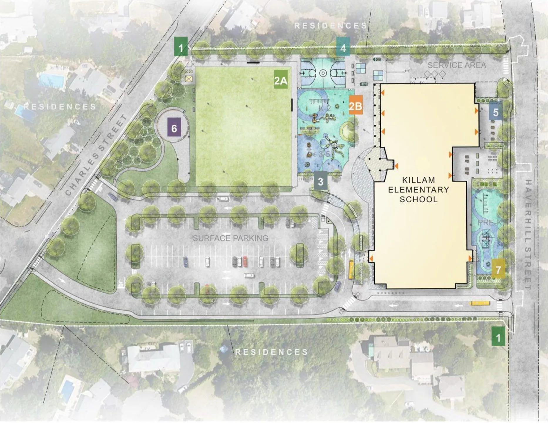 Terraink landscape site overview of the new Killam grounds. Numbered markers locate the buffer zones, open field, playground, arrival court, hard court, outdoor classroom, WOW discovery center and RISE pre-K play area described in the panel beside the plan.