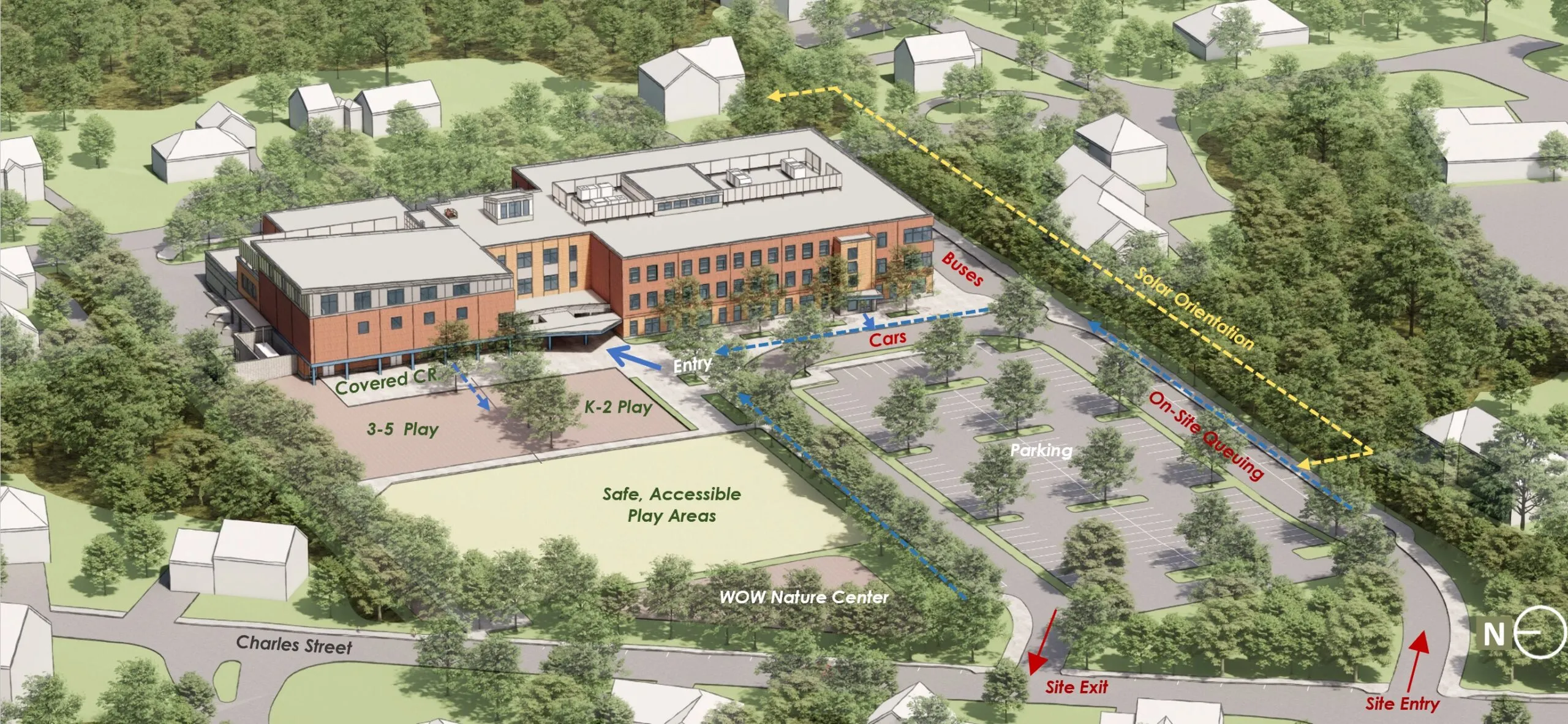 Annotated aerial rendering of the new Killam school site showing the building, entry, play areas, parking, bus and car circulation along Charles Street